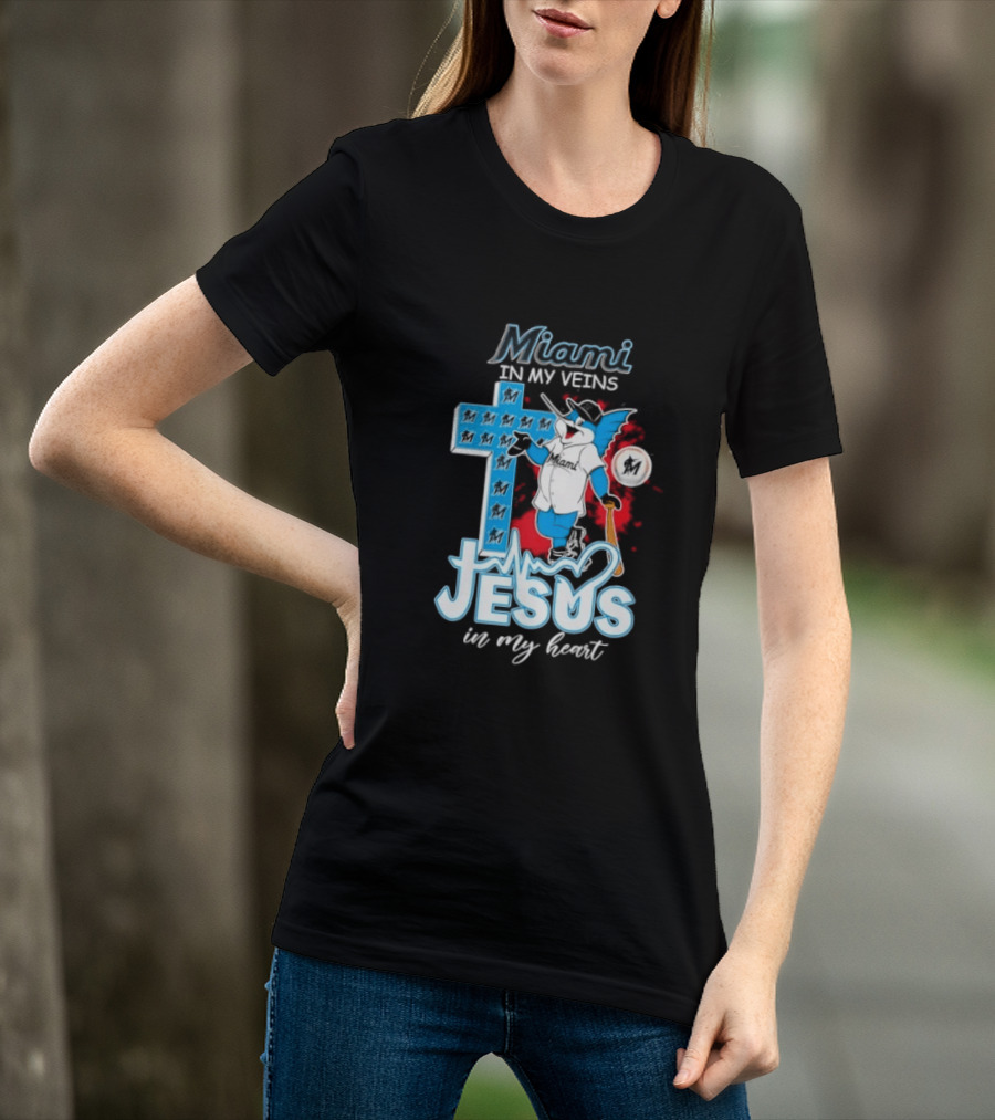 Miami Marlins In My Veins Jesus In My Heart Cross Baseball T-Shirt