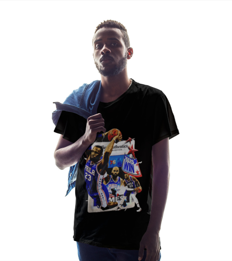 Philadelphia 76ers Lebron James Dunking Collage 76ers Win Edition T-Shirt