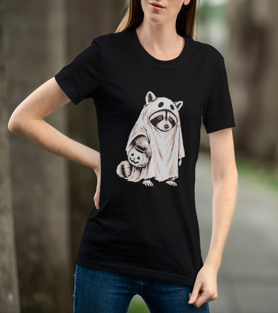 Raccoon Ghost Holding Pumpkin Bucket Halloween 2026 T-Shirt