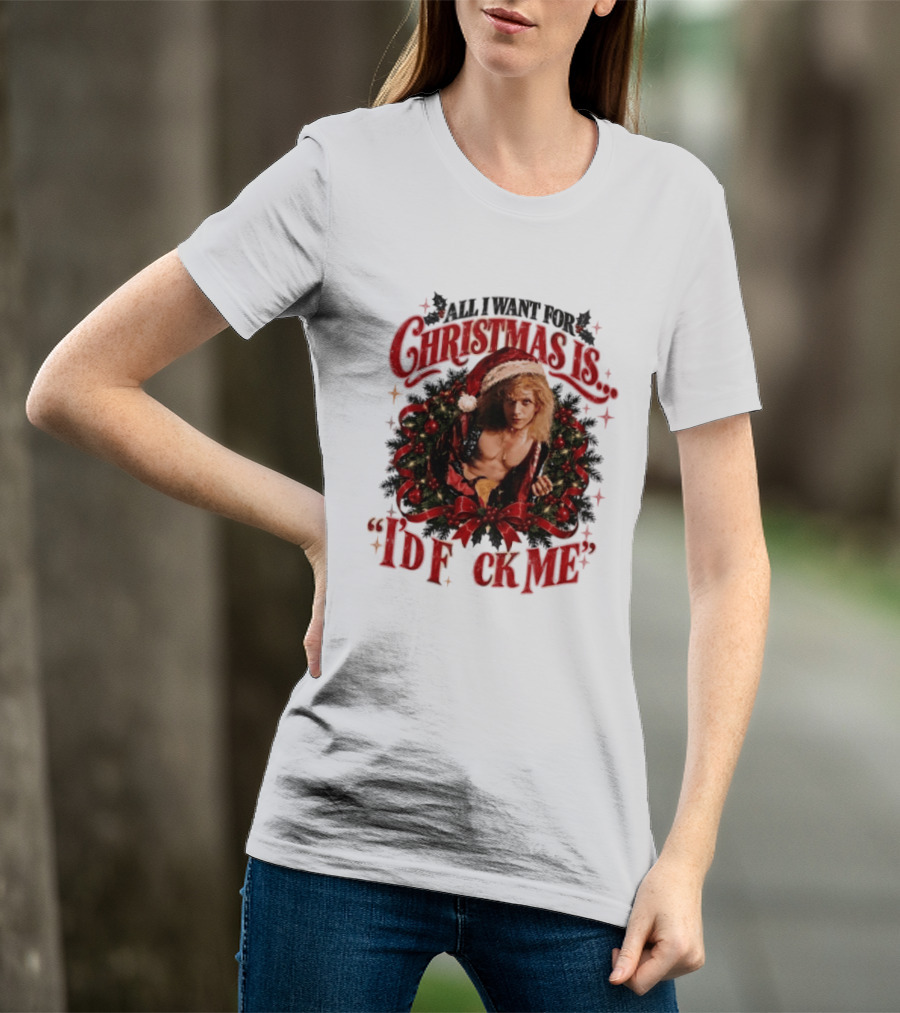 All I Want For Christmas Is I'd Fck Me Santa Hat Wreath Bow T-Shirt