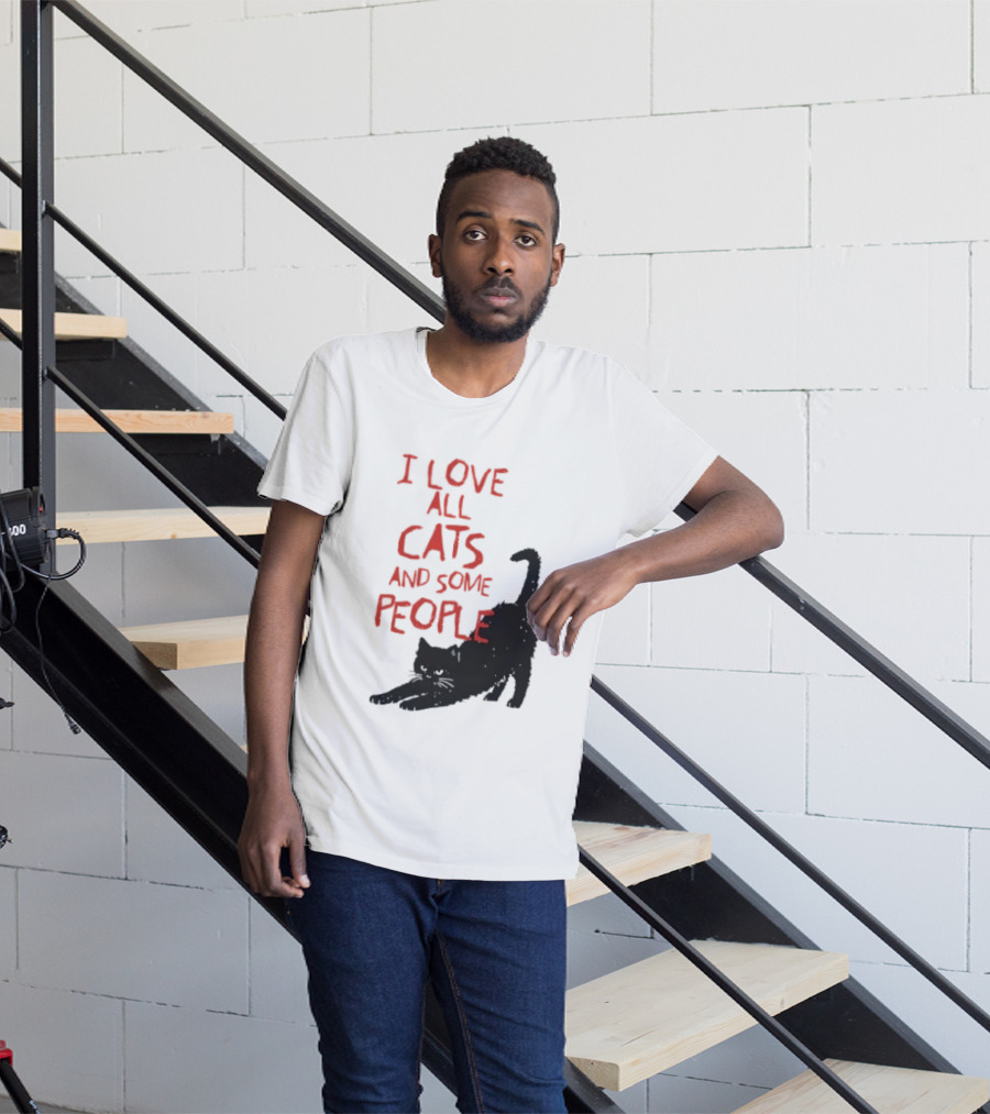 I Love All Cats And Some People Funny Cat Lovers Stretching Black Cat T-Shirt