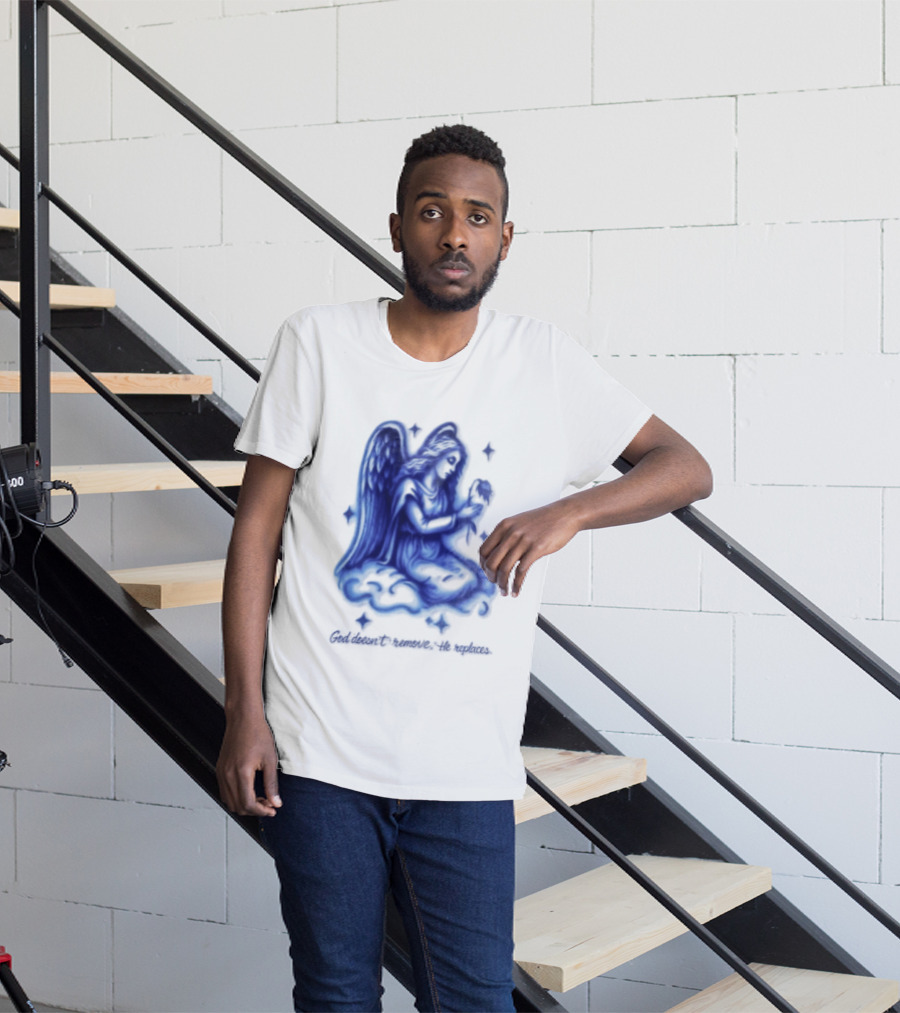 Angel Kneeling On Cloud Holding Flower God Does Not Remove He Replaces T-Shirt