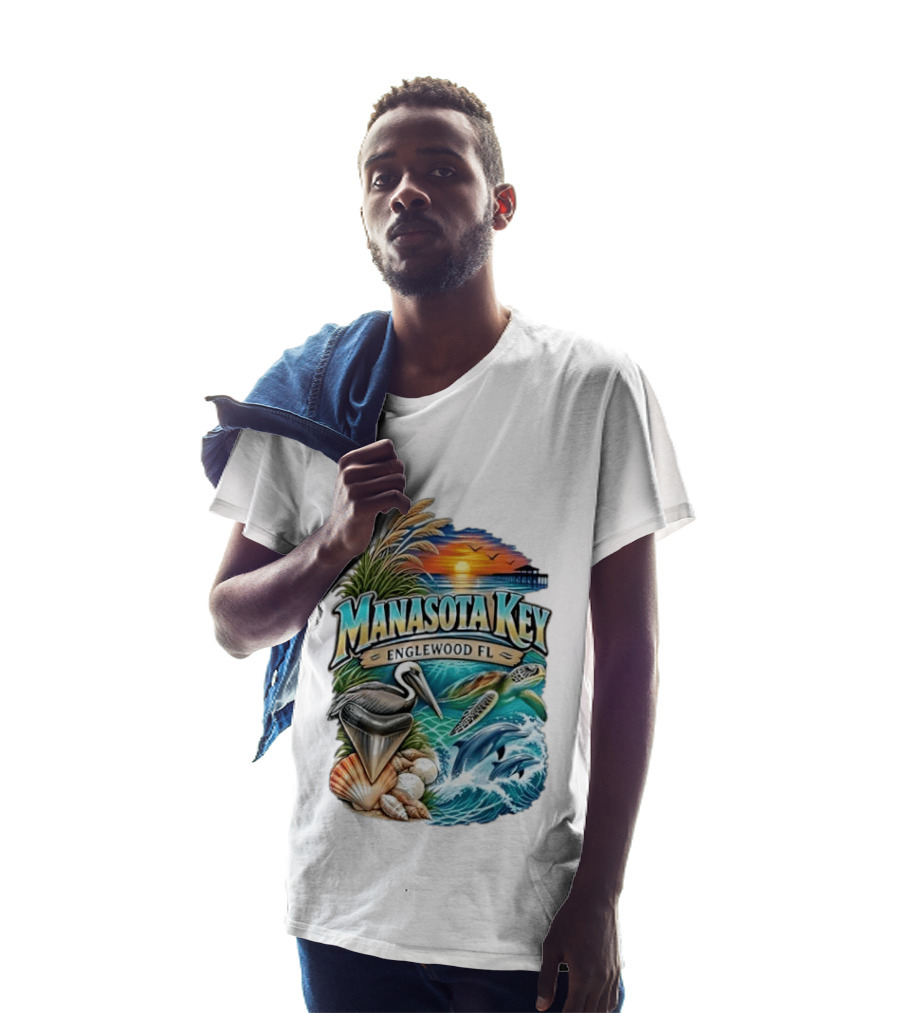 Manasota Key Englewood FL Beach Scene With Pelican Dolphins Shells And Sunset T-Shirt