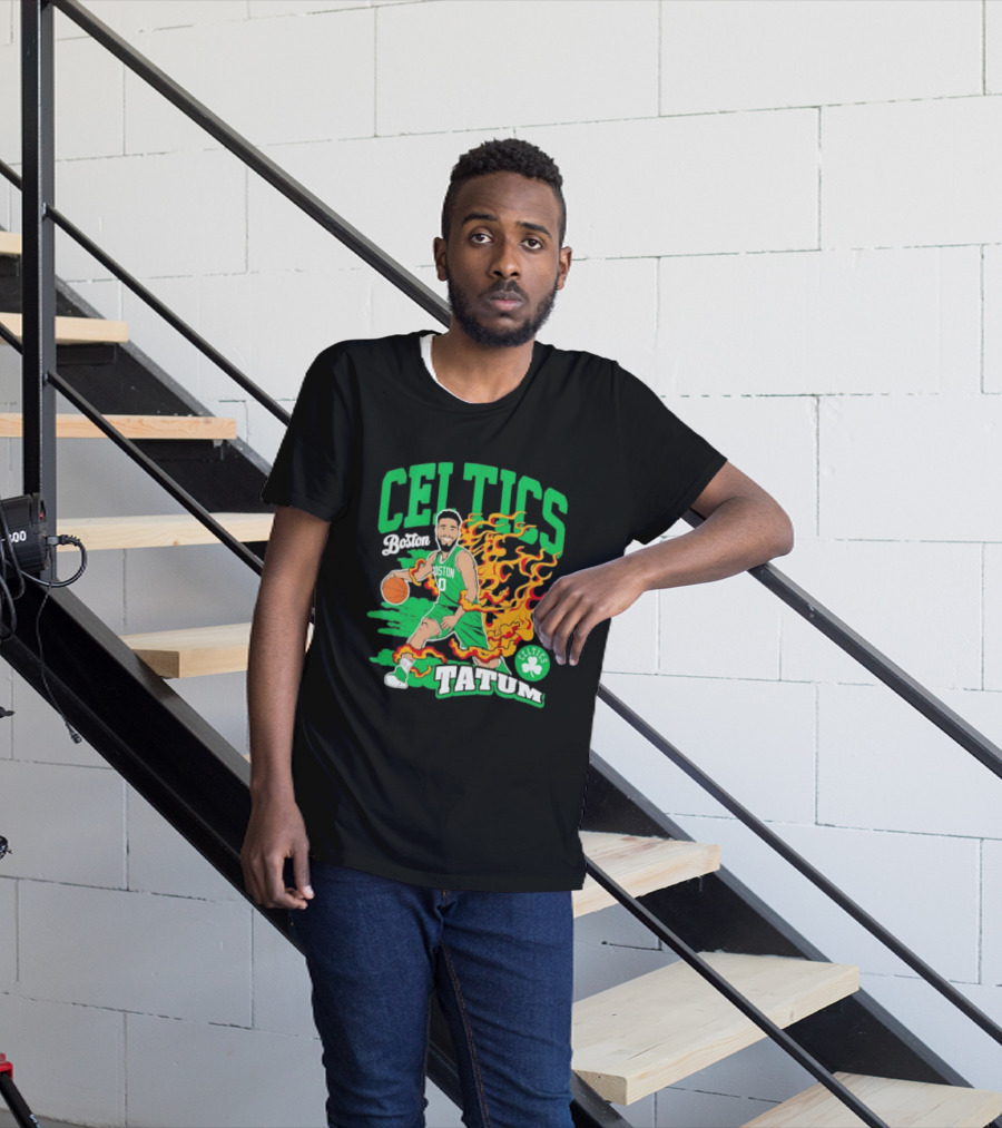 Boston Celtics Jayson Tatum Fired Up Basketball Flames T-Shirt