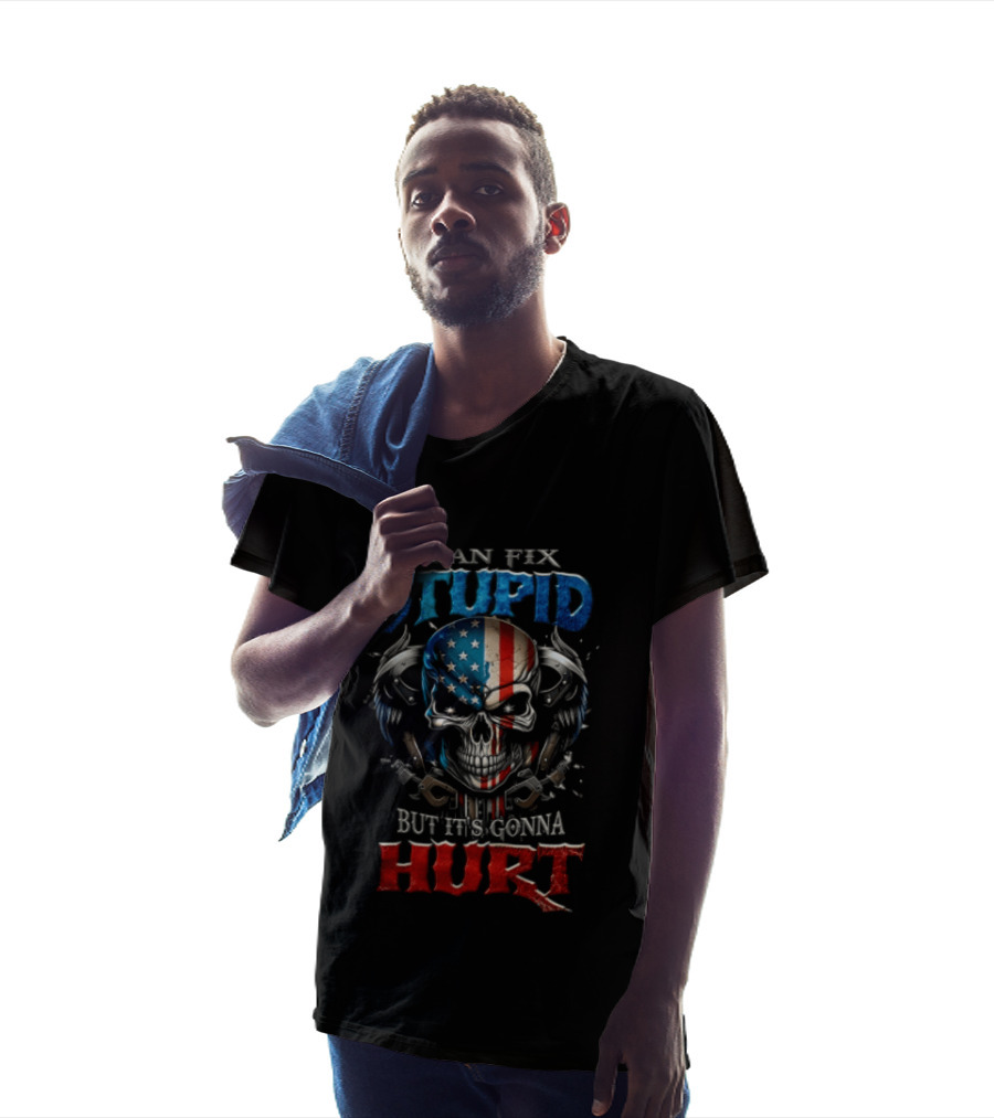 I Can Fix Stupid Skull American Flag Wings Handcuffs But It's Gonna Hurt T-Shirt