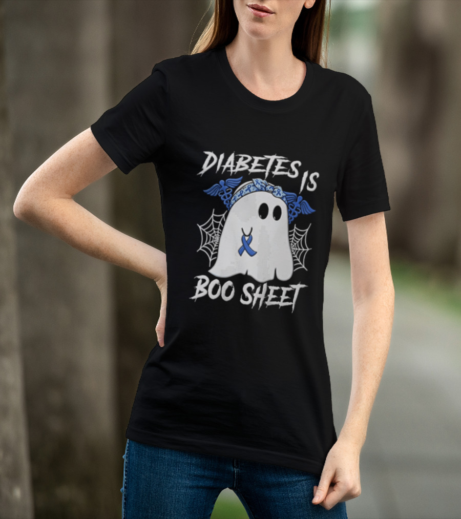 Diabetes IS BOO Sheet Ghost With Blue Ribbon Headband Halloween T-Shirt