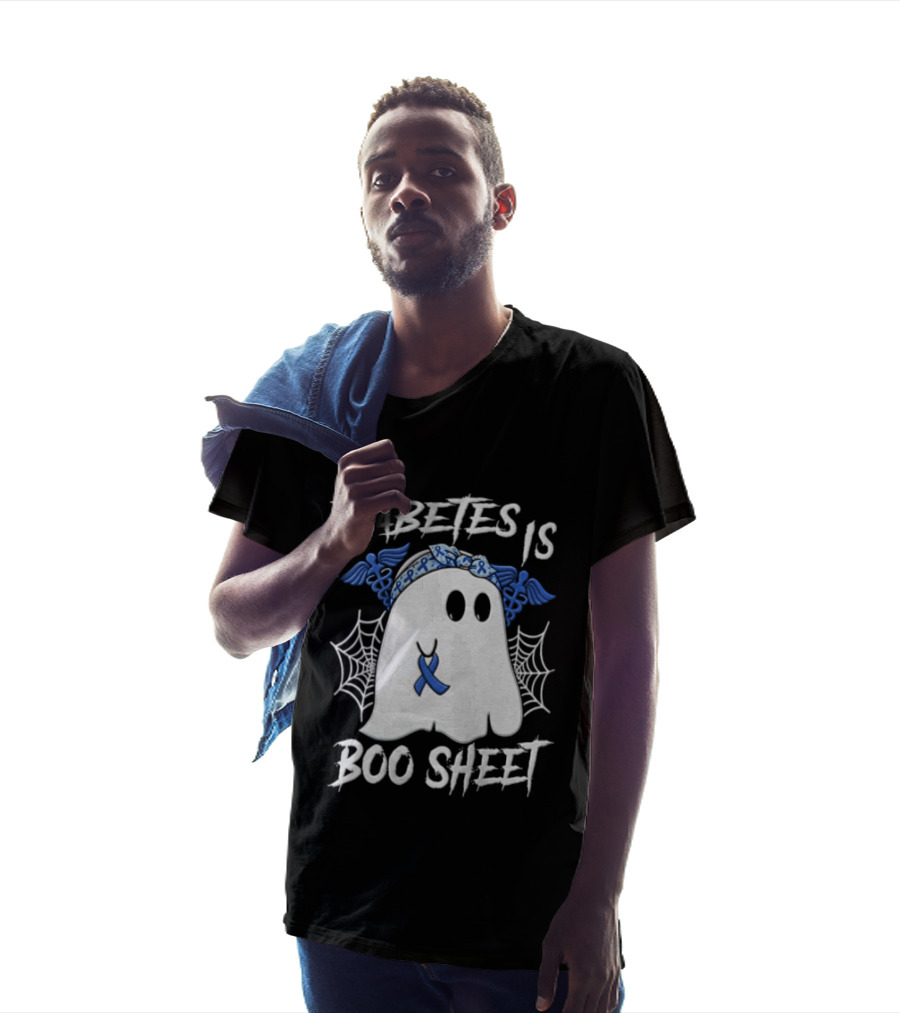 Diabetes IS BOO Sheet Ghost With Blue Ribbon Headband Halloween T-Shirt