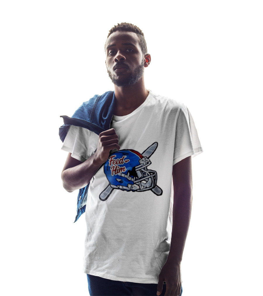 Feed Him Blue Football Helmet Crossed Utensils Fork Knife T-Shirt