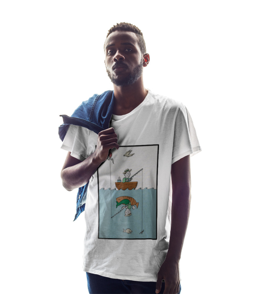 Fisherman In Boat Catching Hidden Mermaid With Fishing Line T-Shirt