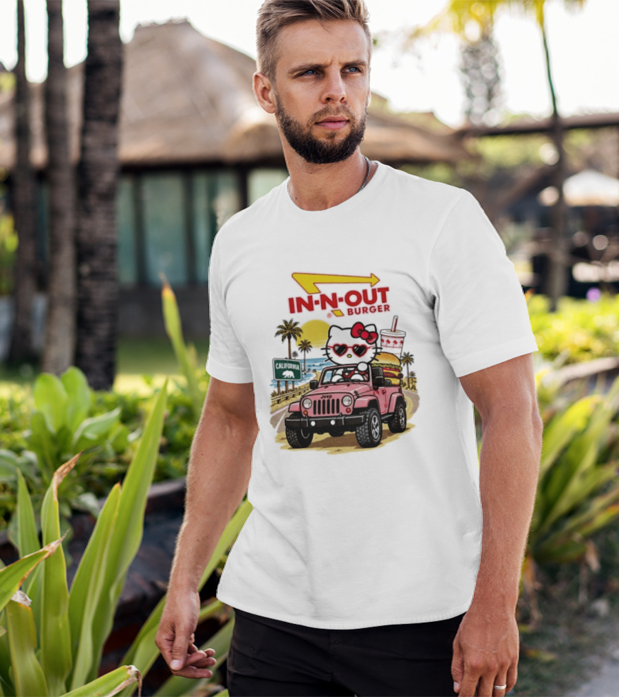 Hello Kitty In Pink Jeep With In N Out Burger California Adventure T-Shirt
