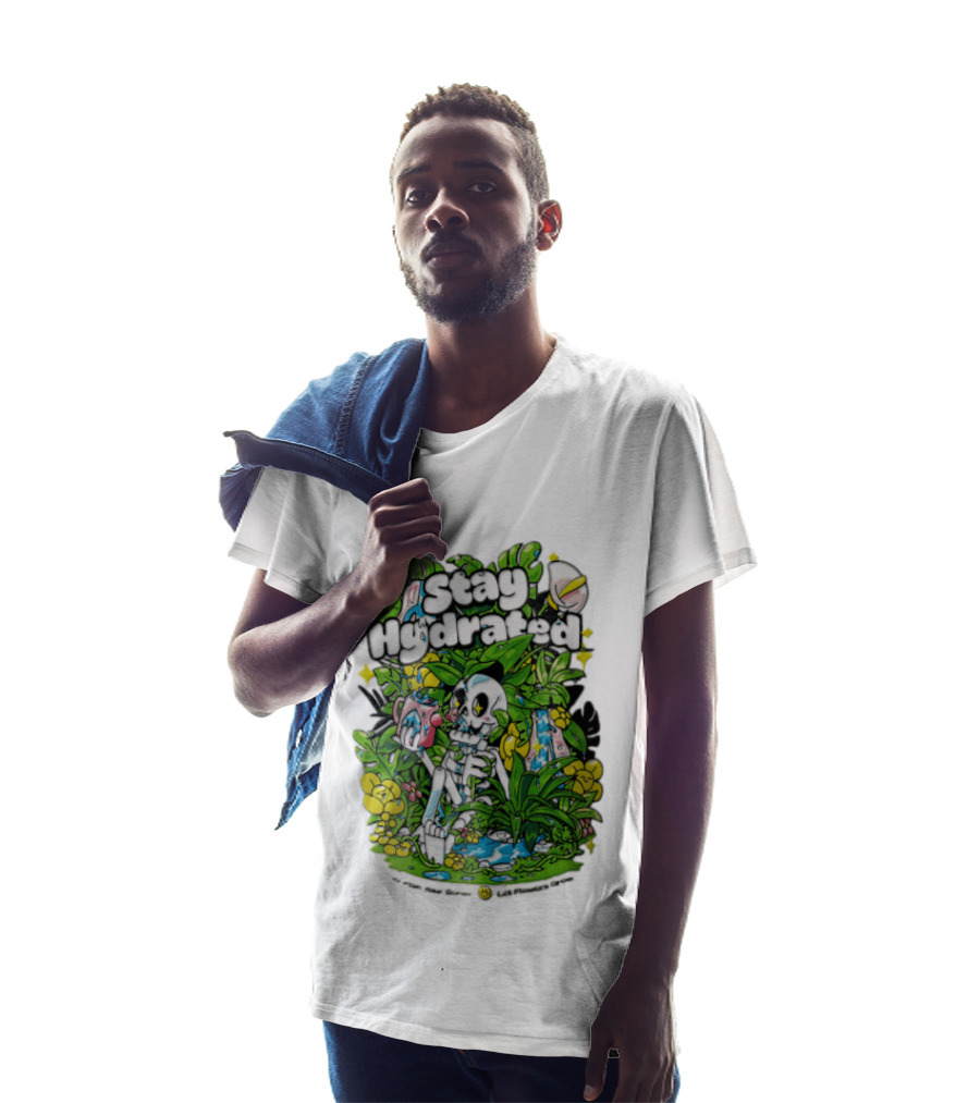 Stay Hydrated Quirky Skeleton Watering Lush Greenery And Flowers T-Shirt
