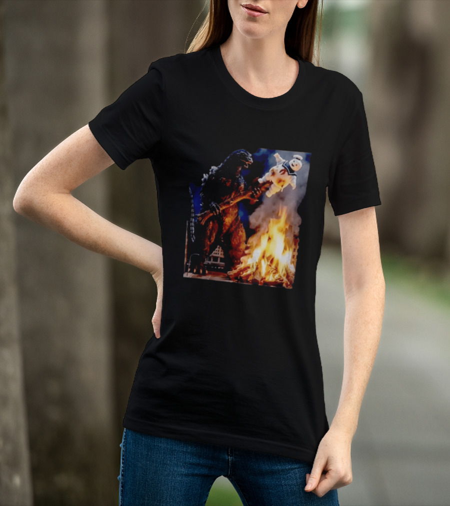 Kaiju Campfire Godzilla Holding Stay Puft Marshmallow Man T-Shirt