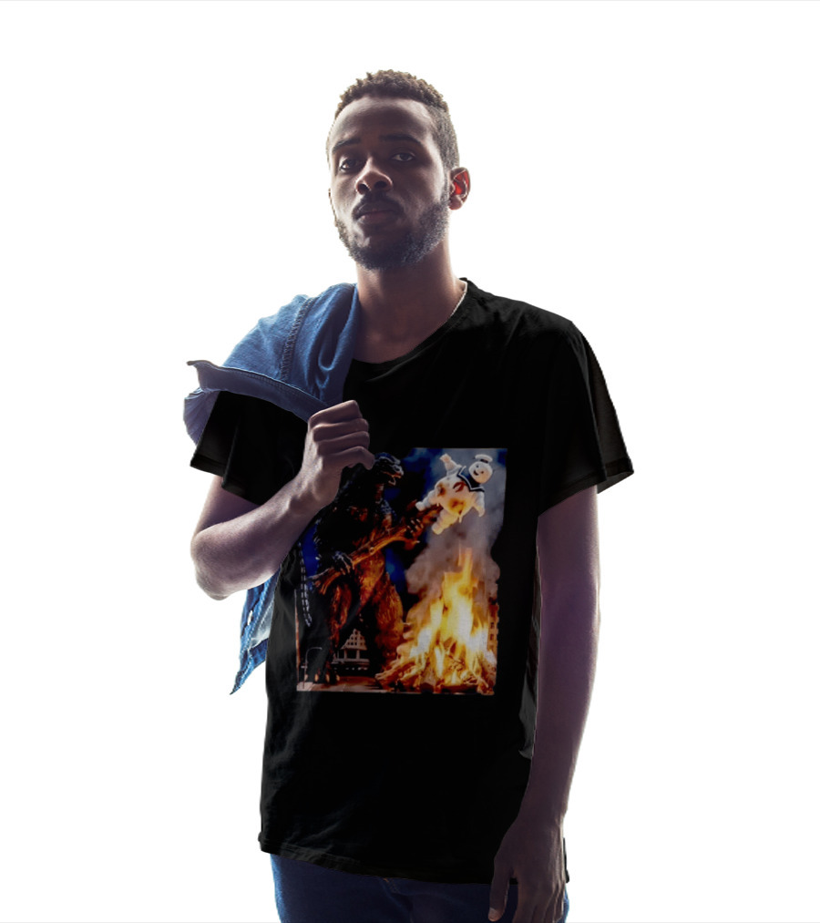 Kaiju Campfire Godzilla Holding Stay Puft Marshmallow Man T-Shirt