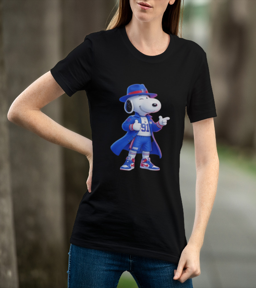 Snoopy New York Giants Football Player Cartoon Blue Coat And Hat T-Shirt