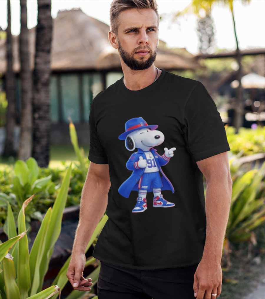 Snoopy New York Giants Football Player Cartoon Blue Coat And Hat T-Shirt