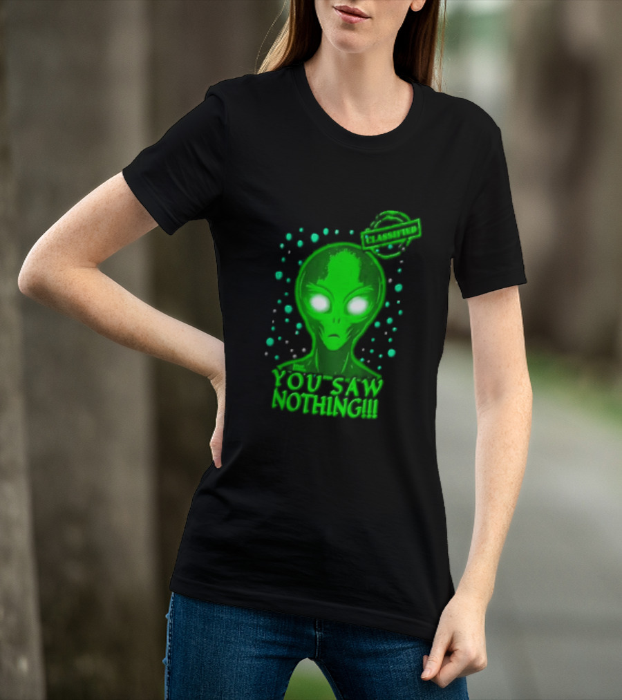 Green Alien You Saw Nothing Glowing Eyes UFO Dots T-Shirt