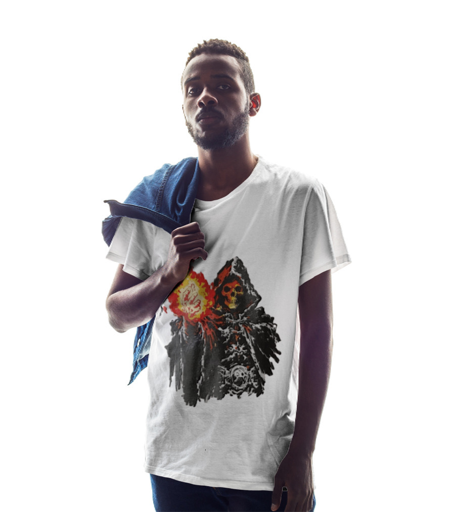 Skeleton Holding Fire Skeletor Hooded Cloak And Fiery Fist T-Shirt
