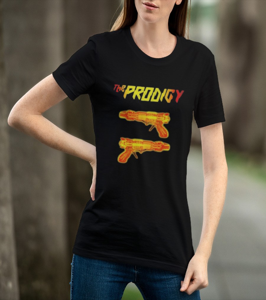 The Prodigy Rayguns Yellow And Red Bold Lettering With Dual Ray Guns T-Shirt