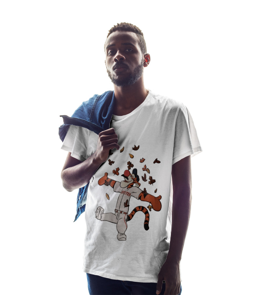 Tigger In Boston Baseball Uniform Enjoying Falling Leaves T-Shirt