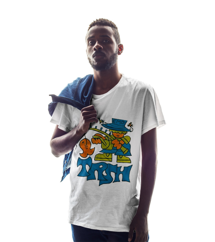 Emo Trsh Cartoon Fisherman Catching Orange Fish Wearing Blue And Green Outfit T-Shirt