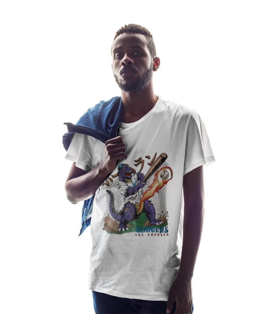 Dodgers Los Angeles Purple Dinosaur Baseball Player Batting With Flaming Ball T-Shirt