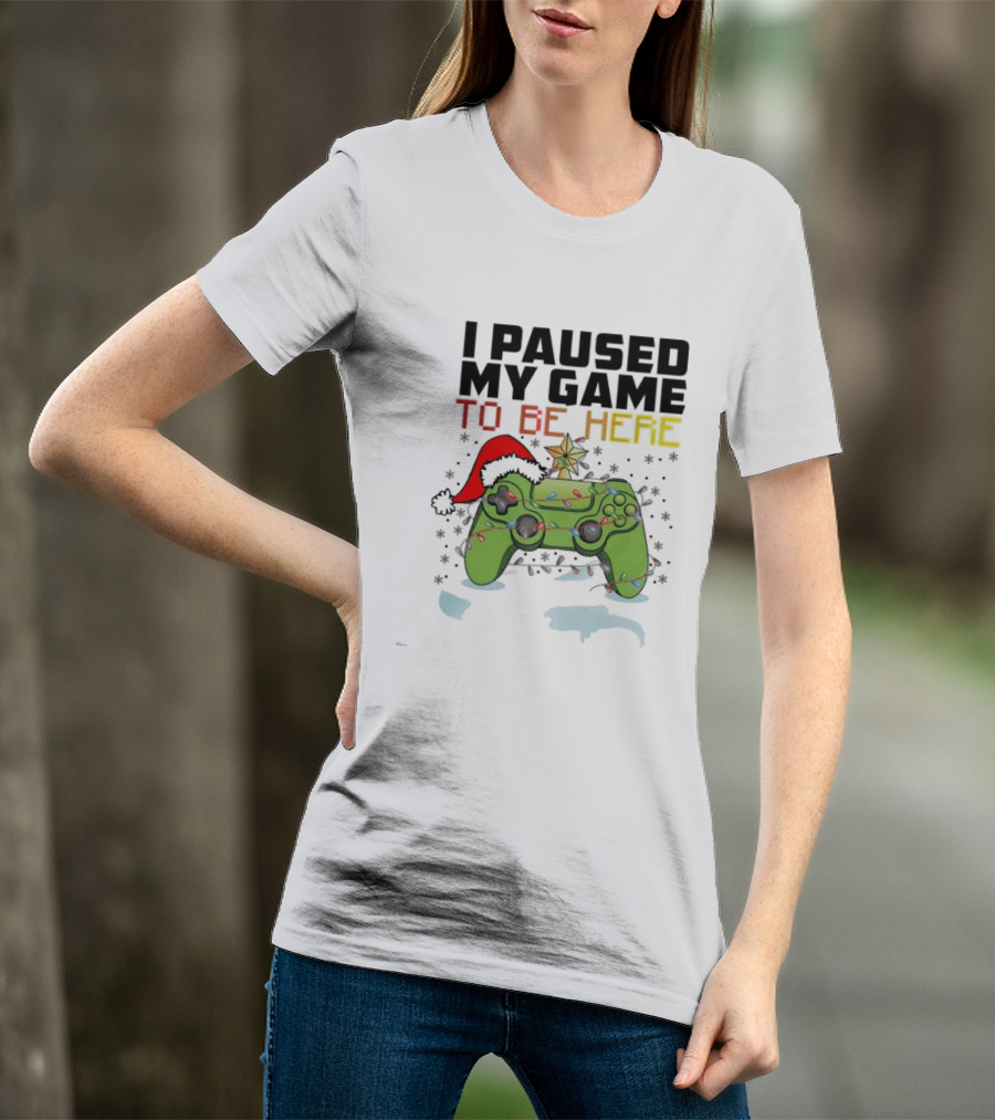 I Paused My Game To Be Here Christmas Gamer Controller Holiday Lights Santa Hat T-Shirt