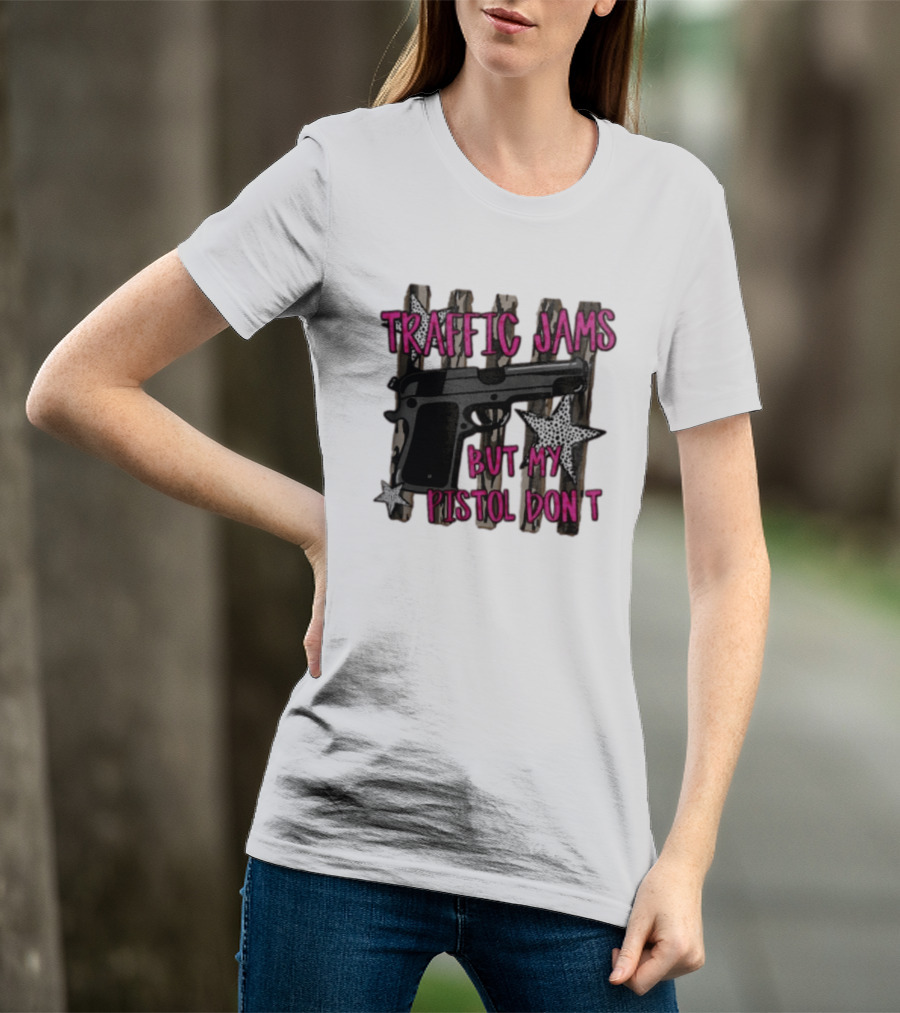 Traffic Jams But My Pistol Don't Handgun Over Stripes Leopard T-Shirt