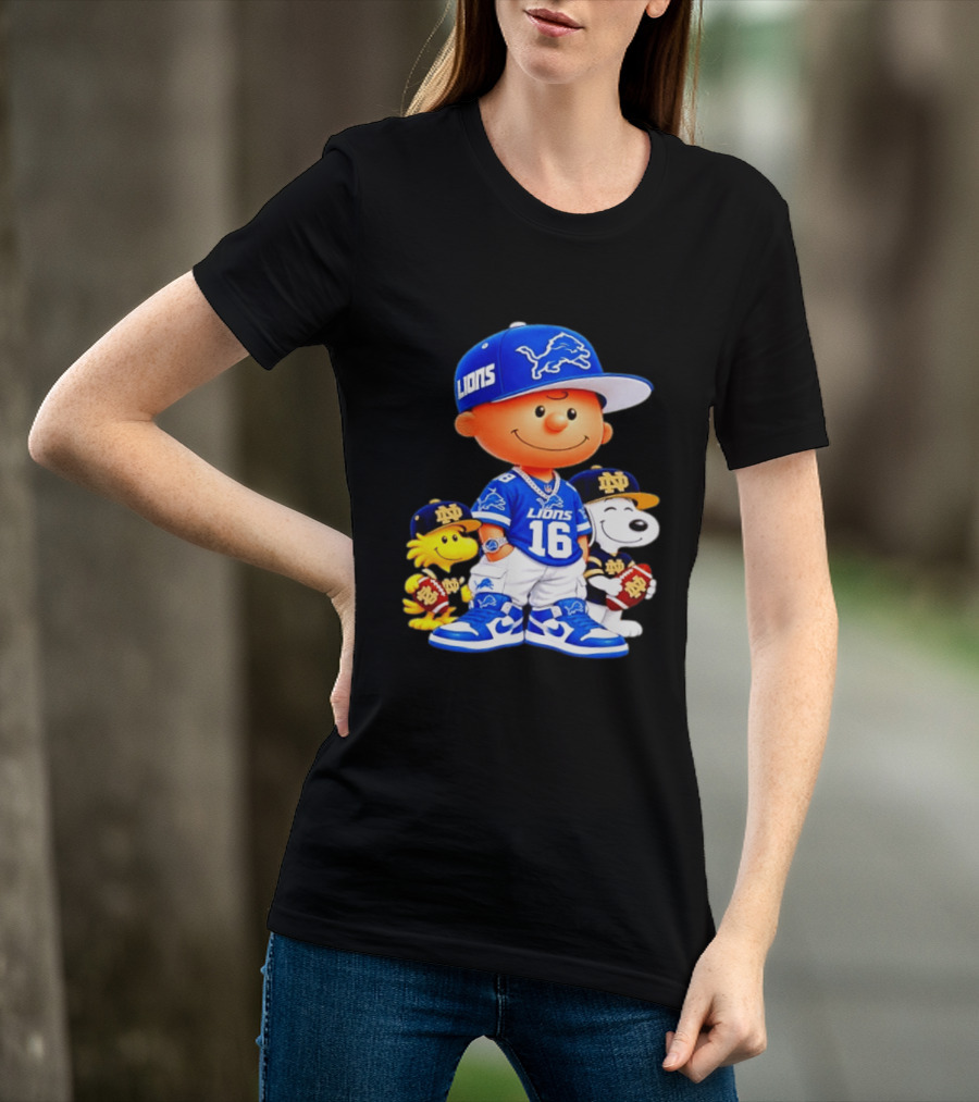 Charlie Brown Snoopy Woodstock Detroit Lions 16 Jersey Notre Dame Iconic Peanuts Characters T-Shirt