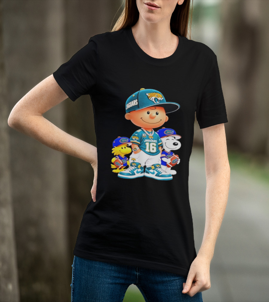 Charlie Brown With Snoopy And Woodstock Jacksonville Jaguars 16 Jersey Peanuts Football Fan Gear T-Shirt