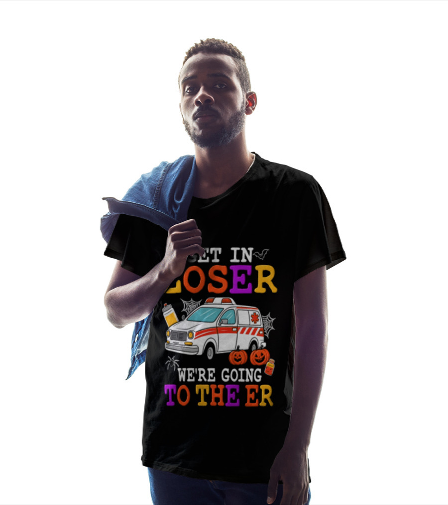 Get In Loser We're Going To The ER Halloween Ambulance Vehicle Spider Webs Pumpkins T-Shirt