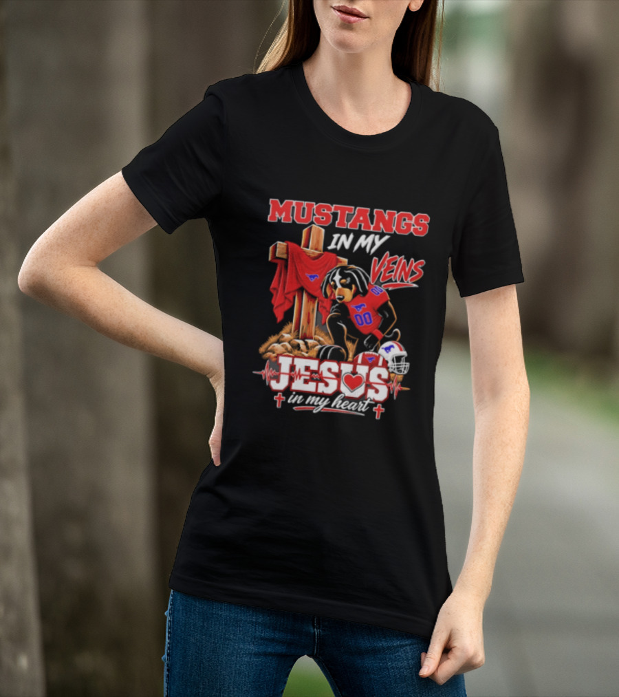 Mustangs In My Veins Football Faith Jesus In My Heart T-Shirt