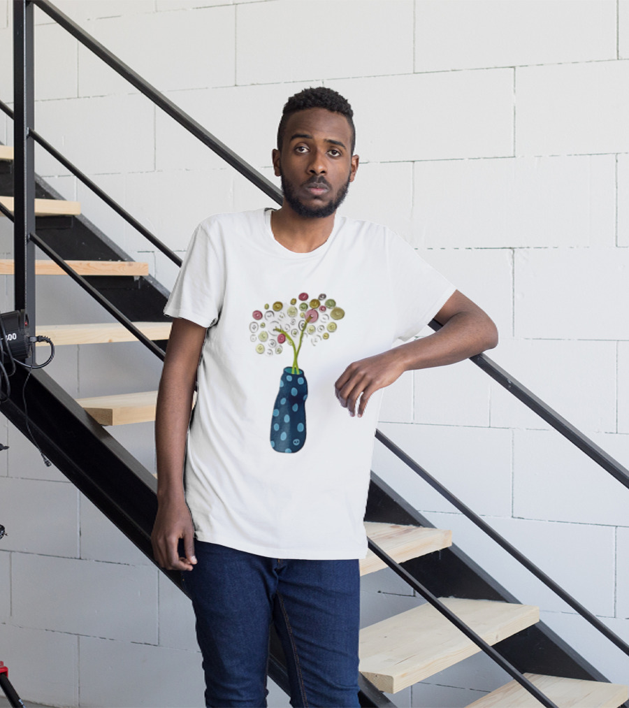 Polka Dot Vase With Colorful Button Flowers T-Shirt