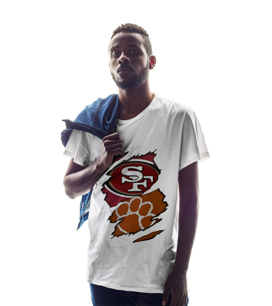 San Francisco 49ers SF And Clemson Tigers Paw Ripped Fabric T-Shirt