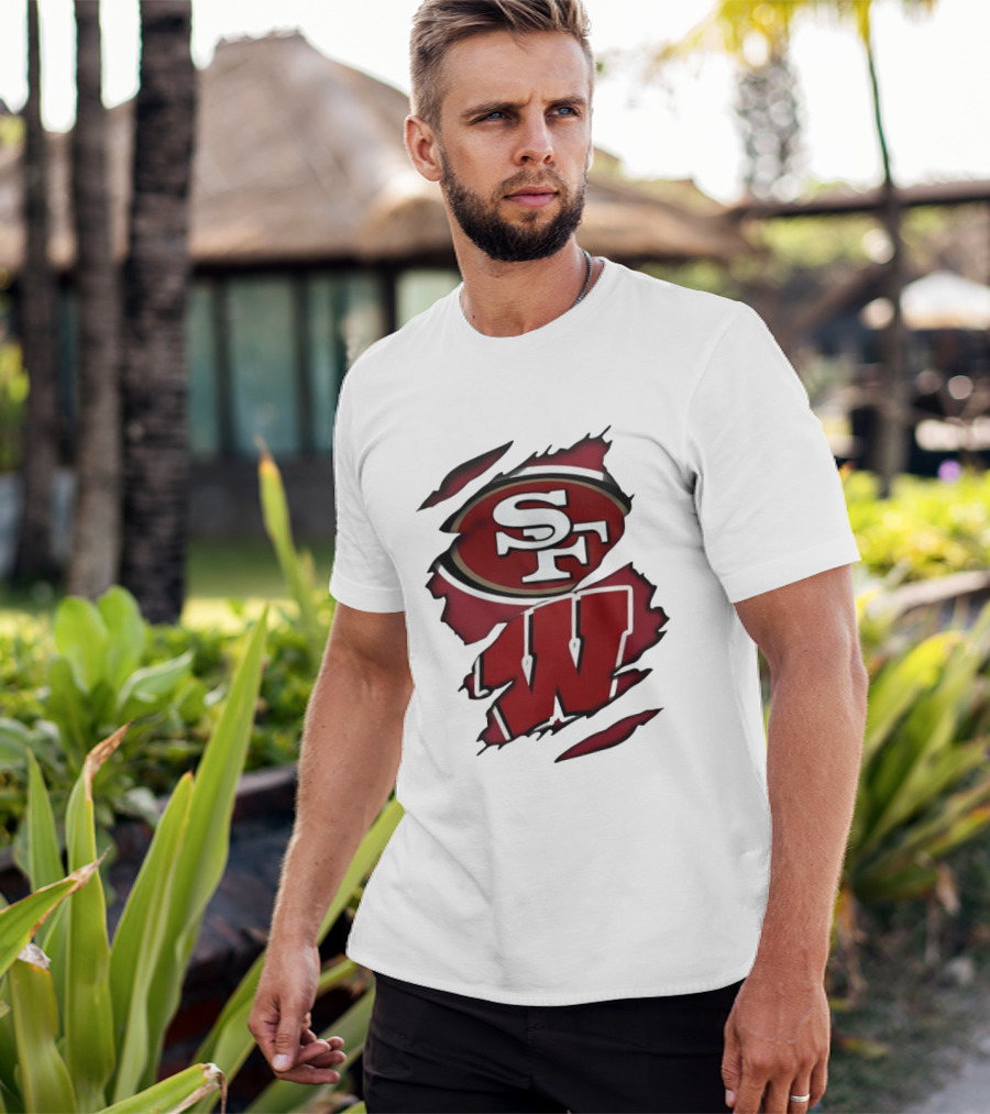 San Francisco 49ers SF And Wisconsin Badgers W Ripped Effect T-Shirt