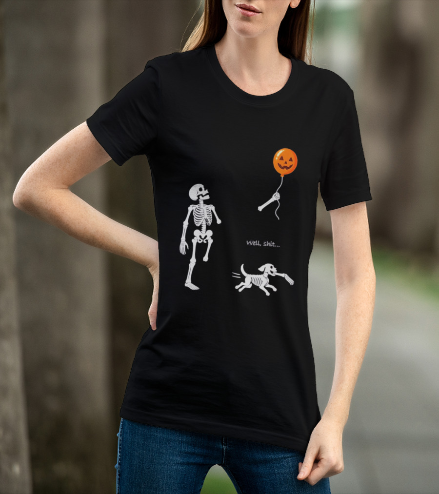 Skeleton Losing Halloween Pumpkin Balloon To Dog Well Shit T-Shirt