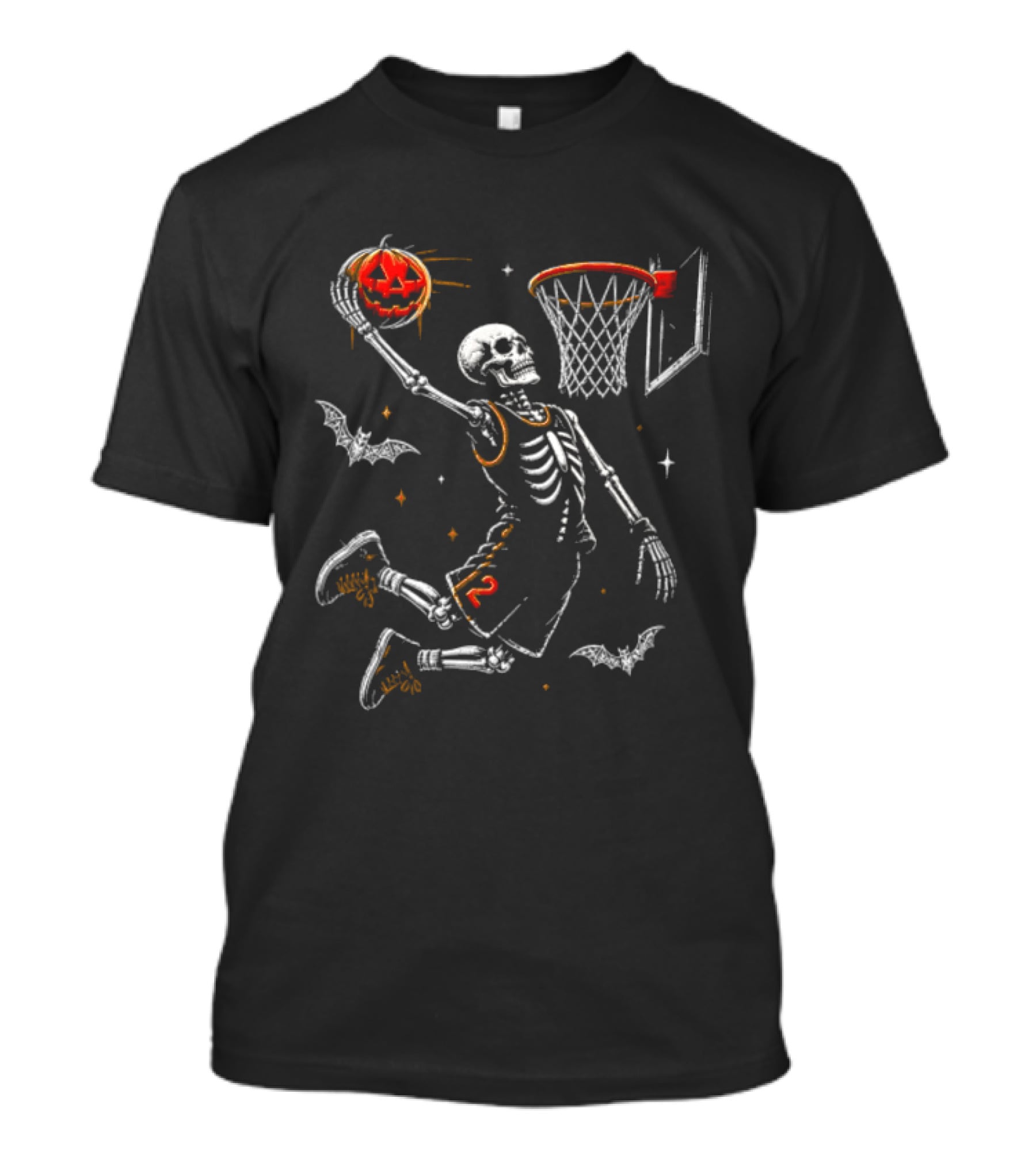 Halloween Skeleton Basketball Dunking Pumpkin Spooky Bats T-Shirt