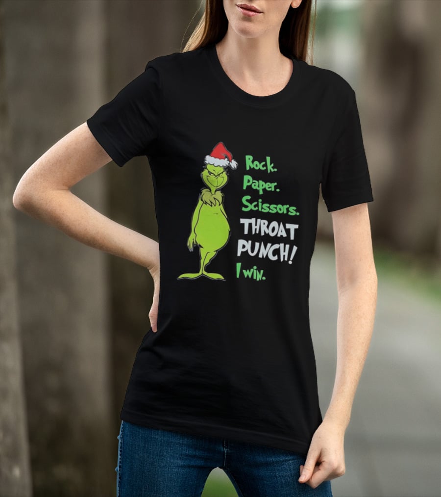 Rock Paper Scissors Throat Punch I Win Grinch With Santa Hat T-Shirt