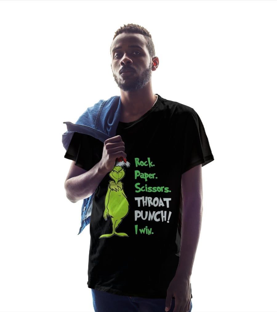 Rock Paper Scissors Throat Punch I Win Grinch With Santa Hat T-Shirt