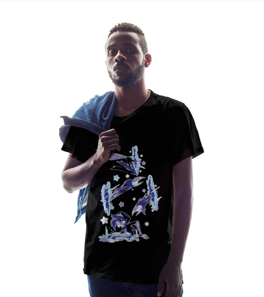 Shark Robot Octavia Portal Animated Illustration With Stars And Blue Avian T-Shirt