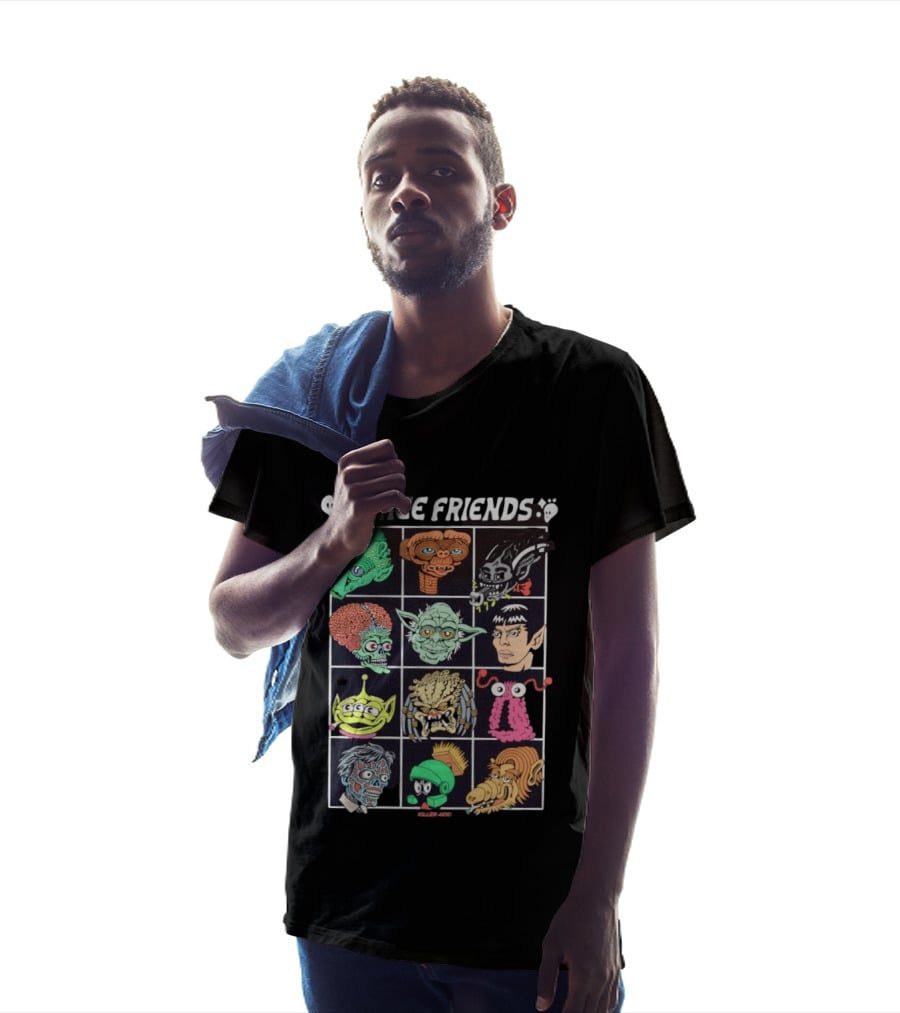 Space Friends Killer Acid Sci Fi Collage Alien Monster Characters T-Shirt