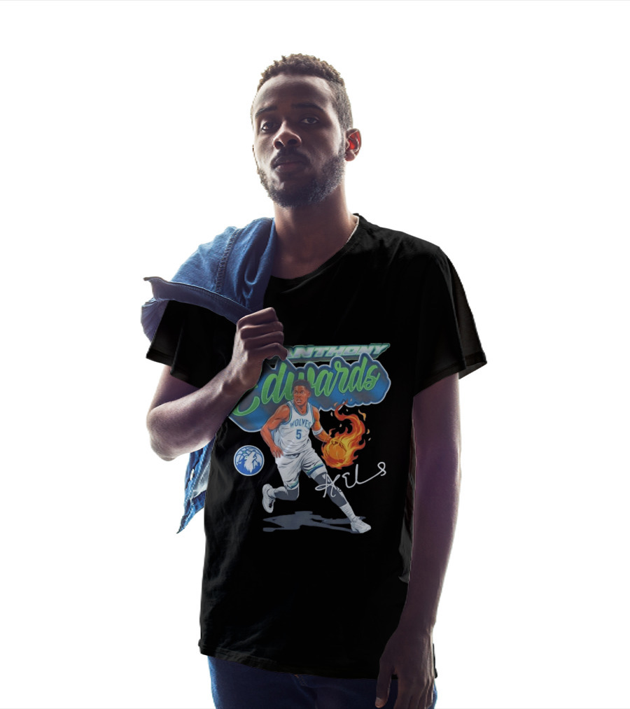 Anthony Edwards Wolves Cursive Script Basketball Flame Edit T-Shirt