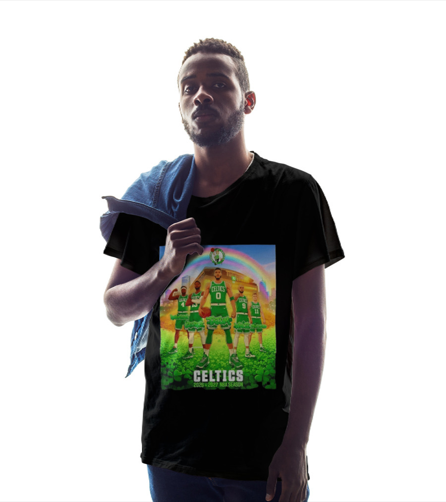Boston Celtics 2026 2027 NBA Season Tatum George White Robinson Pritchard Basketball Team Players Under Rainbow Scene T-Shirt