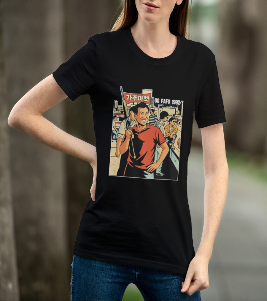 OG FAFO 1992 Rooftop Koreans Cartoon Characters Holding Flag And Rifle Urban Rooftop Scene T-Shirt