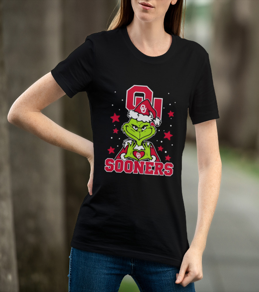 Oklahoma Sooners Grinch Christmas Heart Hands OU Santa Hat T-Shirt