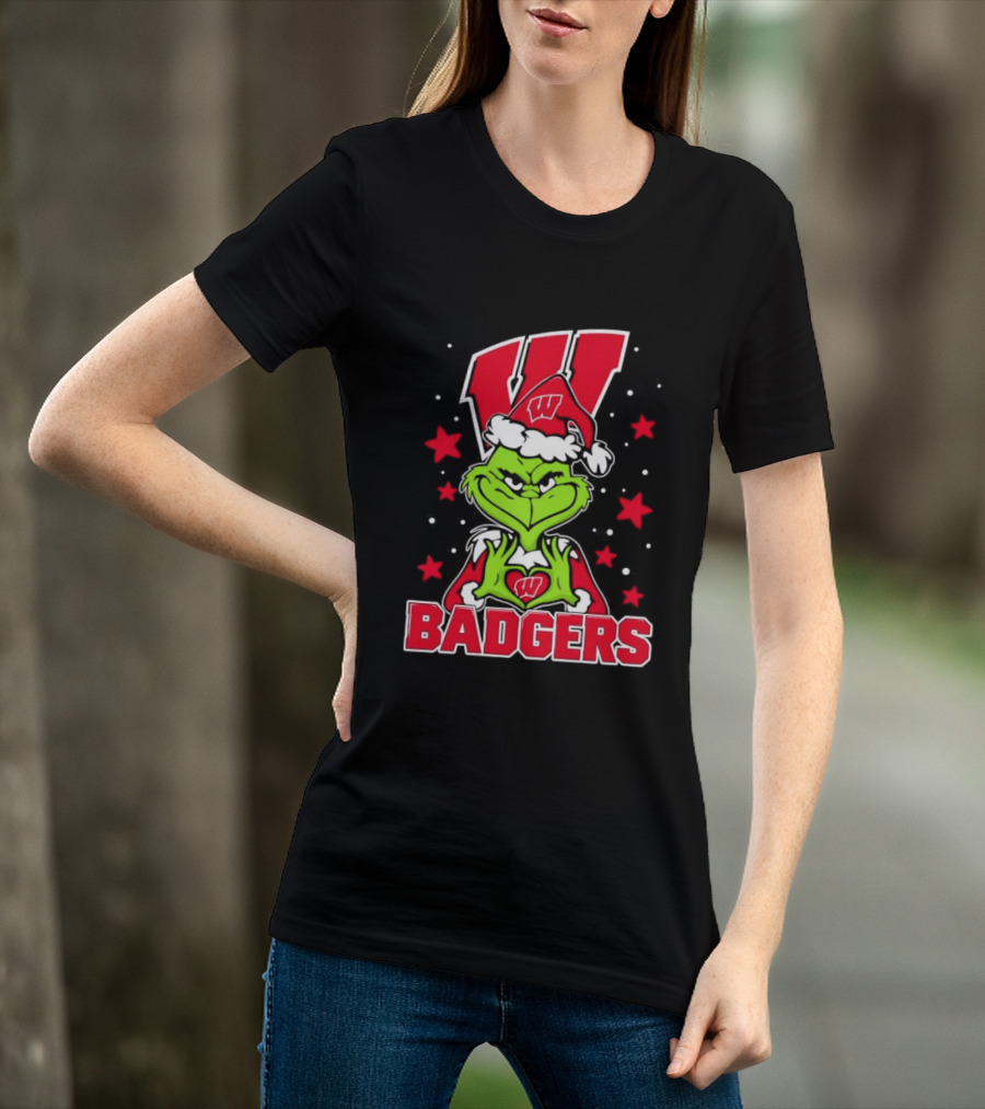 Grinch Wearing Wisconsin Badgers Hat Christmas Sports Fan T-Shirt