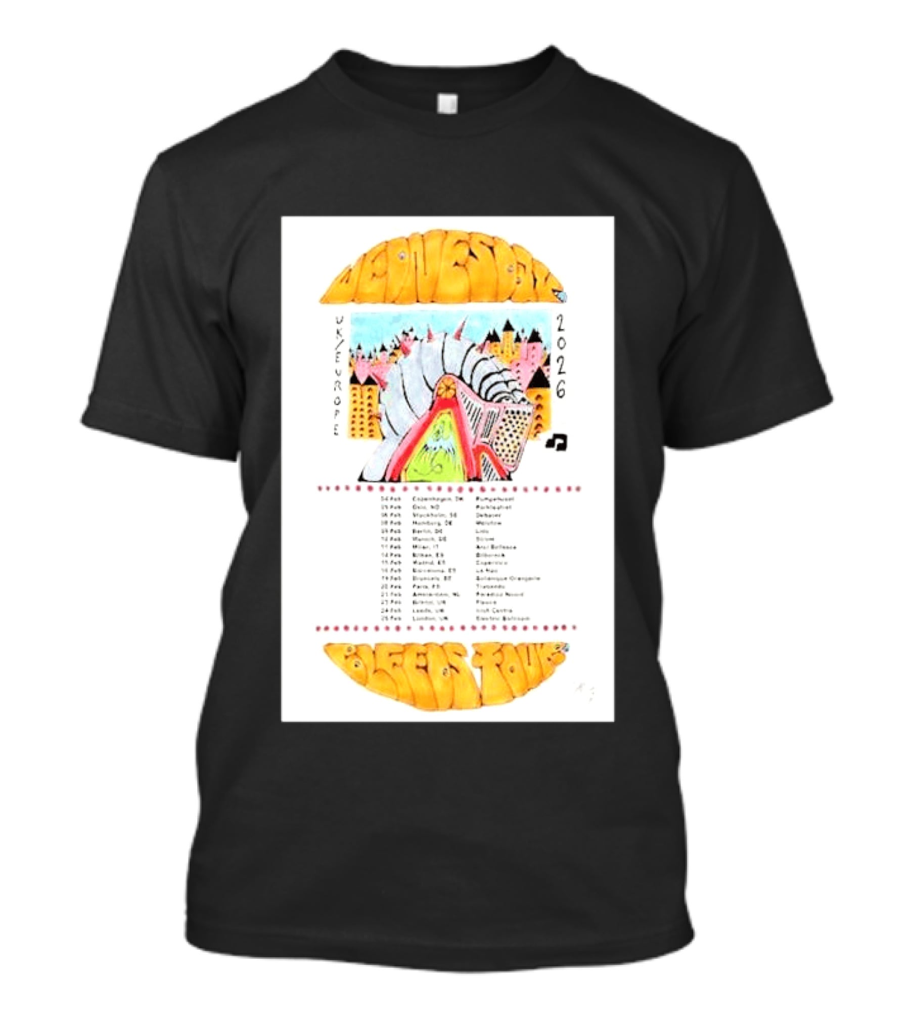 Wednesday UK & Europe 2026 Tour Dates With Colorful Knight Art And Music Note T-Shirt
