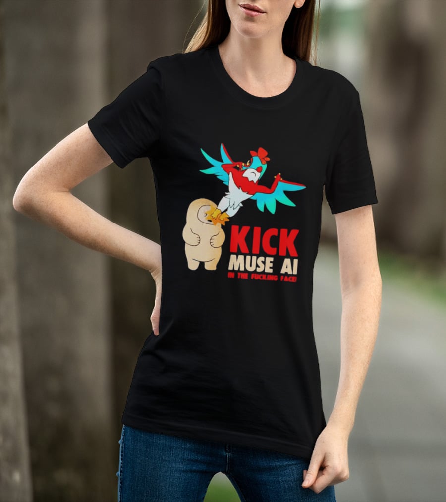 Kick Muse AI In The Face Protest Cartoon Bird Kicking T-Shirt