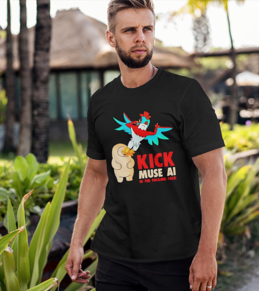 Kick Muse AI In The Face Protest Cartoon Bird Kicking T-Shirt
