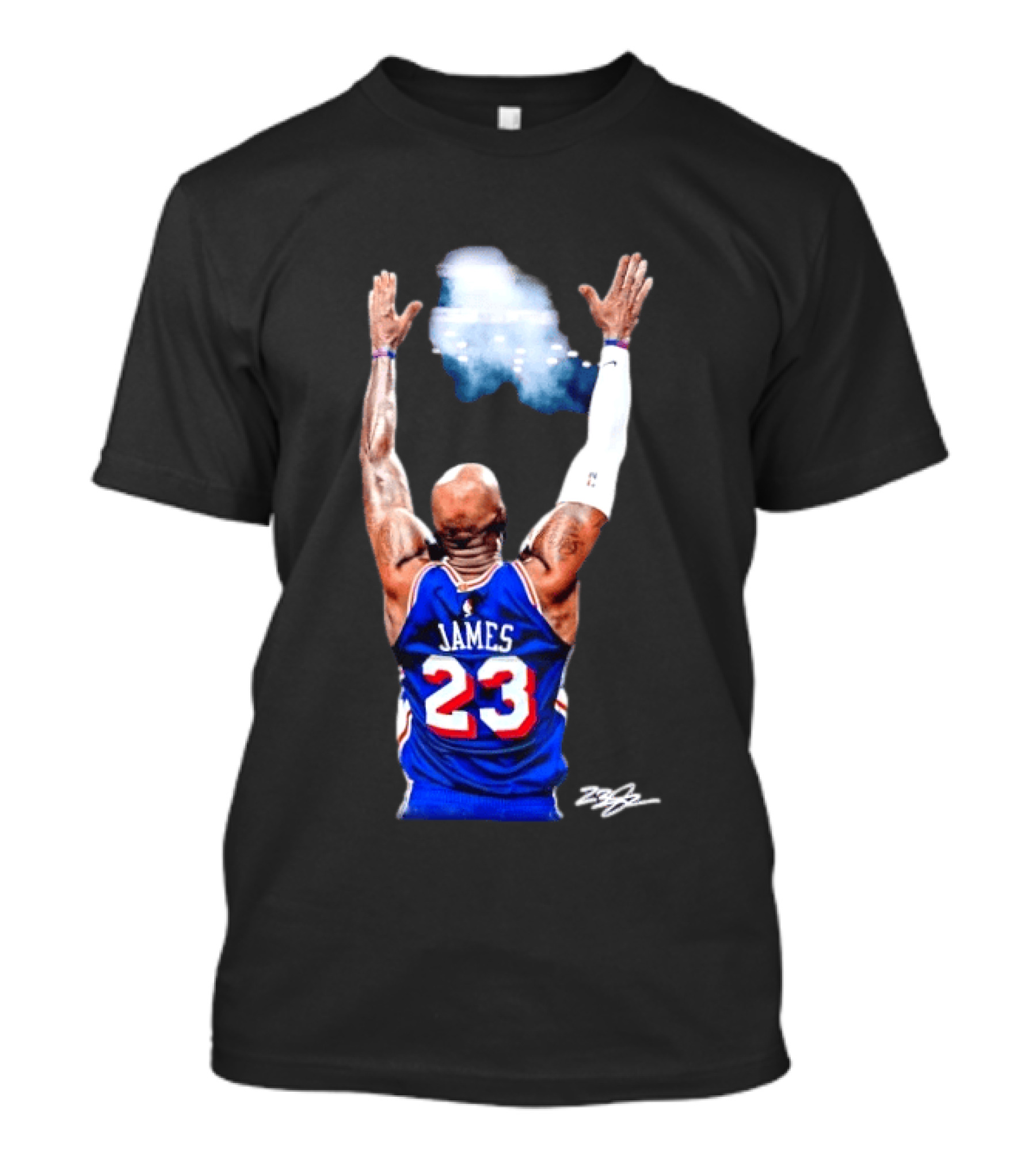 King LeBron James Philadelphia 76ers Jersey Number 23 Celebration T-Shirt