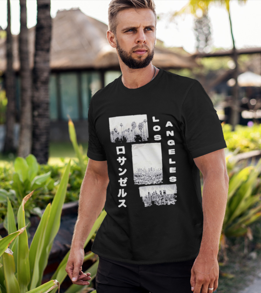 Los Angeles Cityscape With Japanese Text Satin Patch T-Shirt